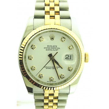 Rolex Datejust 18k Yellow Gold Fluted Bezel White Diamond Dial 36mm Automatic Watch